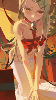 1girl absurdres bdsm bell blonde_hair bound box christmas christmas_present christmas_tree closed_mouth collar commentary_request flat_chest gakuen_idolmaster gift gift_box hair_ornament hairclip highres idolmaster kneeling li-mi loli long_hair looking_at_viewer naked_ribbon navel neck_bell orange_eyes red_collar red_ribbon ribbon ribbon_bondage shinosawa_hiro slave solo thighhighs very_long_hair white_thighhighs