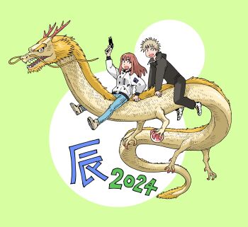 1boy 1girl 2024 dragon eastern_dragon full_body gun highres holding holding_gun holding_weapon ishiguro_masakazu kiruko_(tengoku_daimakyou) long_hair looking_at_viewer maru_(tengoku_daimakyou) new_year official_art open_mouth smile solo tengoku_daimakyou weapon