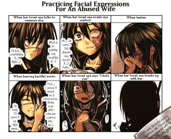 1girl abuse bandages blind blood brown_eyes brown_hair chart multiple_expressions eyepatch grey_eyes hard-translated karahara_shima kotoba_noriaki noose original sad scar suicide tears third-party_edit translated