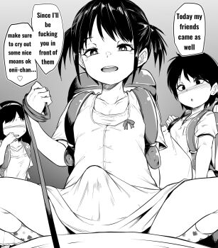 1boy 1futa 2girls backpack bag black_hair breasts brother_and_sister bulge commentary english_commentary english_text erection erection_under_clothes femdom futa_with_male futanari hard-translated highres incest leash leash_pull loli looking_at_viewer makin_tama monochrome multiple_girls open_mouth pov short_hair siblings sitting small_breasts tagme third-party_edit translated