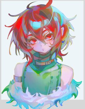 1boy bare_shoulders closed_mouth cloud_(lufaeris) commentary cropped_torso double-parted_bangs fur_(clothing) green_shirt hair_between_eyes highres looking_at_viewer male_focus messy_hair original red_eyes red_hair shirt short_hair sleeveless sleeveless_shirt solo symbol-only_commentary white_background