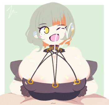 1boy 1girl areola_slip black_dress black_gloves border breasts breasts_squeezed_together chis-a cleavage cum dress ejaculation gloves green_background green_hair hetero highres huge_breasts multicolored_hair navel open_mouth orange_hair paizuri paizuri_under_clothes pochipon pov puffy_short_sleeves puffy_sleeves short_sleeves signature skindentation smile two-tone_hair voisona white_border yellow_eyes