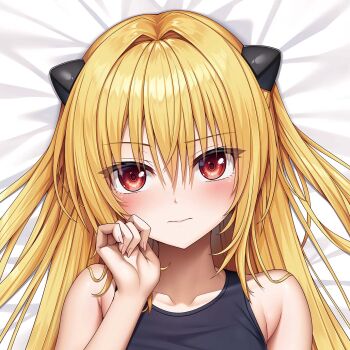 1girl 3: alternate_costume armpit_crease bare_shoulders bed_sheet black_one-piece_swimsuit blonde_hair blush clenched_hand closed_mouth collarbone commentary_request dakimakura_(medium) eyelashes eyes_visible_through_hair fingernails frown hair_between_eyes hair_intakes hair_spread_out hand_up highres konjiki_no_yami lambda_(kusowarota) lips long_hair looking_at_viewer lying on_back one-piece_swimsuit red_eyes second-party_source sidelocks solo straight_hair swimsuit to_love-ru two_side_up upper_body v-shaped_eyebrows