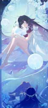 1girl absurdres barefoot black_hair closed_eyes columbina_(genshin_impact) commentary_request dress feathered_wings full_moon genshin_impact hair_ribbon head_wings highres incredibly_absurdres legs long_sidelocks moon multicolored_hair multiple_wings pink_hair pmmg ribbon sidelocks thighs white_mask white_ribbon white_wings wings wrist_ribbon