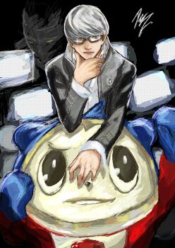 absurdres animal_ears animal_nose blue_fur copyright_name furry glasses grey_hair highres izanagi_(persona_4) kuma_(persona_4) male_focus narukami_yu non-web_source persona persona_(summon) persona_4 persona_4:_the_ultimate_in_mayonaka_arena persona_4_the_golden red_fur school_uniform white_hair yasogami_school_uniform