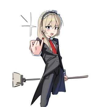 1girl absurdres black_coat black_pants broom chinese_commentary coat commentary_request earclip fang girls_band_cry grey_eyes grey_hair haidao_mao highres holding holding_broom kawaragi_momoka maid_headdress nail_polish necktie open_mouth pants red_nails red_necktie solo tailcoat teeth upper_teeth_only