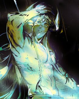 1boy arm_tattoo black_background blue_eyes chest_tattoo dabura_(jujutsu_kaisen_modulo) facial_tattoo hand_on_own_face hashtag-only_commentary highres horns jujutsu_kaisen jujutsu_kaisen_modulo light_rays long_hair parted_lips pectorals solo solo_focus tattoo third_eye topless_male zeiame