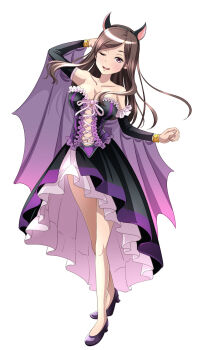 Rule 34 | 1girl, ;d, animal ears, arm behind head, bare legs, bare shoulders, bat costume, bat ears, bat wings, beatrice (princess principal), black detached sleeves, black dress, black hairband, breasts, brown hair, cleavage, collarbone, cross-laced clothes, cross-laced dress, detached sleeves, dress, fake animal ears, female focus, floating hair, frilled dress, frilled sleeves, frills, full body, hairband, hand up, head tilt, high heels, highres, large breasts, legs, long hair, multicolored dress, navel, neck, one eye closed, open mouth, pink eyes, princess principal, purple dress, purple footwear, simple background, smile, solo, standing, strapless, strapless dress, taniguchi gou, white background, wings, wink