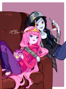 2girls adventure_time artist_name black_hair blue_eyes casual colored_skin contemporary couch dated grey_skin hood hoodie long_hair marceline_abadeer multiple_girls outside_border pants pink_hair pink_skin princess_bonnibel_bubblegum psd red_eyes signature tiara vampire
