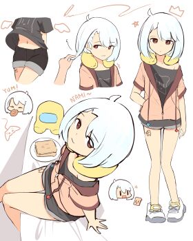 1girl absurdres ahoge among_us black_shirt black_shorts bob_cut bread bread_slice brown_eyes character_doll chibi chibi_inset clothes_lift commentary controller crewmate_(among_us) cropped_legs cropped_torso doll eating food from_above full_body game_controller grey_shorts head_only highres jacket looking_to_the_side medium_hair midriff multiple_views nami_(namiorii) namiorii navel neck_pillow original parted_bangs partially_unzipped petite plate shirt shirt_lift short_shorts short_sleeves shorts single_bare_shoulder sitting standing t-shirt toast white_background white_hair wind wind_lift