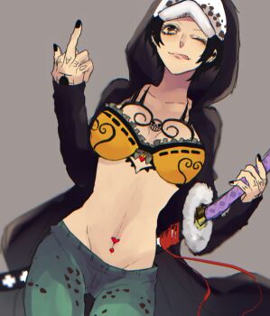 1girl black_hair black_nails blue_pants bra breasts chest_tattoo coat commentary_request holding holding_sword holding_weapon hood hood_up large_breasts law-chan licking_lips looking_at_viewer middle_finger navel_piercing one_eye_closed one_piece ou_syoku7 pants piercing solo sword tattoo tongue tongue_out trafalgar_law underwear weapon yellow_bra