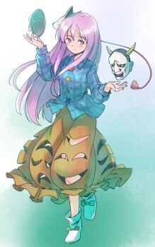 1girl aqua_shirt blush bow buttons collared_shirt commentary_request expressionless footwear_bow fox_mask full_body green_background hata_no_kokoro long_hair long_sleeves mask mask_on_head oni_mask orange_skirt pink_eyes pink_hair plaid_clothes plaid_shirt rangycrow shirt shoes sideways_glance skirt skirt_cutout solo touhou white_shoes