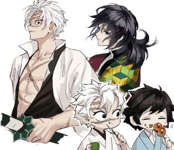 2boys absurdres black_hair black_jacket blue_eyes chibi demon_slayer_uniform haori high_collar highres holding holding_sword holding_weapon jacket japanese_clothes katana kikkoumon kimetsu_no_yaiba kimono long_hair looking_at_viewer low_ponytail male_focus multiple_boys open_clothes open_jacket ponytail print_haori purple_eyes red_haori simple_background spiked_hair sword tomioka_giyuu upper_body weapon white_background zzzzz11zzzz