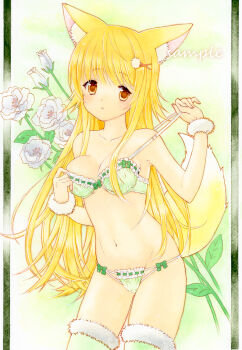 1girl animal_ear_fluff animal_ears blonde_hair bow bow_bra bow_panties bra breasts colorful commentary_request cowboy_shot flower fox_ears fox_girl frilled_bra frilled_panties frills green_background green_bra green_panties hair_ornament hands_up highres long_hair looking_at_viewer marker_(medium) medium_breasts navel orange_eyes original panties parted_lips pom_pom_(clothes) pom_pom_hair_ornament rose solo standing stomach strap_pull string_panties traditional_media tulip underwear underwear_only undressing very_long_hair white_flower white_rose white_tulip wispy_bangs x_hair_ornament yukinoko_ac