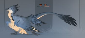 animal_focus artist_name blue_feathers claws closed_mouth commentary dinosaur english_commentary feathered_arms feathered_dinosaur feathers full_body haskiens no_humans original raptor reference_sheet simple_background solo standing tail utahraptor velociraptor watermark