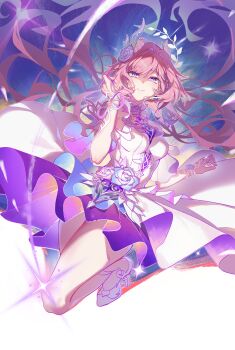 1girl absurdres breasts chinese_commentary commentary_request cyrene_(honkai:_star_rail) cyrene_(ripples_of_past_reverie)_(honkai:_star_rail) diamond-shaped_pupils diamond_(shape) flower hair_flower hair_ornament halo highres honkai:_star_rail honkai_(series) jingruochuzidongruotuotucr large_breasts long_hair looking_at_viewer pink_hair purple_eyes smile solo symbol-shaped_pupils thighs very_long_hair