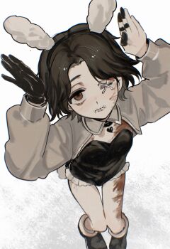 1boy animal_ears black_choker black_gloves bored brown_eyes brown_hair choker collar detached_sleeves facial_scar frills gloves heart heart_choker highres identity_v knees_together_feet_apart looking_at_viewer looking_up male_focus male_playboy_bunny matthias_czernin playboy_bunny rabbit_ears scar scar_on_cheek scar_on_chest scar_on_face scar_on_leg shiye1999 solo stitched_mouth stitches