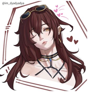 1girl brown_hair collarbone cropped_torso dated_commentary dyadyadya eden_(flowing_rhyme)_(honkai_impact) eden_(honkai_impact) eyewear_on_head heart honkai_(series) honkai_impact_3rd long_hair official_alternate_costume one_eye_closed simple_background solo sunglasses twitter_username very_long_hair white_background yellow_eyes