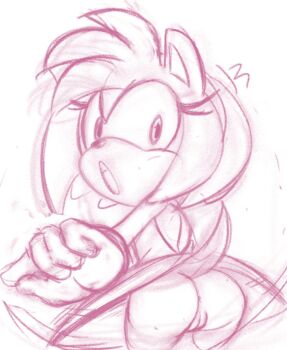 1girl :o amy_rose anus ass back bare_back bracelet cleft_of_venus clothes_lift clothes_pull doodle dress eyelashes furry gloves hairband jewelry long_eyelashes looking_at_viewer looking_back ninonsfw pussy sega short_hair skirt skirt_lift small_tail solo sonic_(series) tail