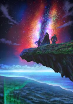 Rule 34 | 10s, 1girl, 2boys, absurdres, akatsuki (log horizon), armor, black hair, blue hair, cloud, darkmuleth, detached sleeves, forest, highres, landscape, log horizon, long hair, magic, multiple boys, naotsugu (log horizon), nature, night, ponytail, robe, scenery, shield, shiroe (log horizon), short hair, sky, staff, star (sky), starry sky