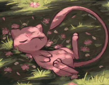 Rule 34 | artist name, closed eyes, dappled sunlight, dietranch, flower, full body, gen 1 pokemon, grass, highres, legendary pokemon, lying, mew (pokemon), mythical pokemon, nintendo, no humans, open mouth, pink flower, pokemon, pokemon (creature), pokemon focus, sleeping, solo, sunlight