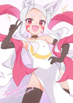 1girl :3 :d absurdres animal_ear_fluff animal_ears armpits black_gloves black_thighhighs blush commission commissioner_name cowboy_shot crescent_print dress elbow_gloves facial_mark fang fox_ears fox_girl fox_tail gloves hand_on_own_hip has_bad_revision has_downscaled_revision highres jigatei_(omijin) long_hair looking_at_viewer md5_mismatch open_mouth red_eyes red_shawl resolution_mismatch sarong second-party_source sewayaki_kitsune_no_senko-san shawl shiro_(sewayaki_kitsune_no_senko-san) short_eyebrows skeb_commission skin_fang skindentation smile source_smaller sparkle standing strapless strapless_dress tail thank_you thick_eyebrows thighhighs v whisker_markings white_background white_hair
