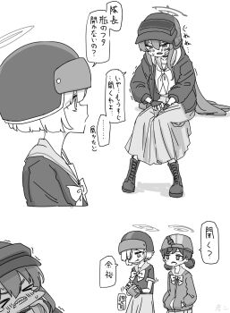 &gt;_&lt; 3girls :q ankle_boots bags_under_eyes blue_archive boots bottle clenched_teeth commentary_request double_bun fingerless_gloves gloves greyscale hair_bun halo hands_in_pockets helmet helmet_gang_officer_(blue_archive) helmet_gangster_(blue_archive) highres holding holding_bottle holding_lid invisible_chair jacket long_hair looking_at_another monochrome multiple_girls nishino_hikoji rabu_(blue_archive) school_uniform serafuku sharp_teeth sitting speech_bubble straight_hair tears teeth tongue tongue_out translation_request trembling very_long_hair