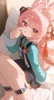 1girl absurdres animal_ear_fluff animal_ears animal_feet anklet arm_support bed blush braid braided_twintails commentary_request furry furry_female green_shirt hahany highres indoors jewelry looking_at_viewer on_bed open_mouth pillow pink_fur rabbit_ears rabbit_girl red_eyes screw shirt short_eyebrows signature sitting solo thick_eyebrows zenless_zone_zero zhao_(zenless_zone_zero)