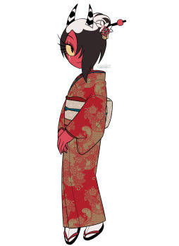 1girl absurdres alternate_costume alternate_hairstyle black_eyes black_hair black_horns black_sandals closed_mouth colored_skin commentary_request demon_girl demon_horns eyeshadow fewer_digits flat_chest floral_print floral_print_kimono flower full_body hair_bun hair_flower hair_ornament hair_over_one_eye hellaverse helluva_boss highres horns japanese_clothes kimono long_sleeves looking_at_viewer makeup medium_hair menma_(enaic31) multicolored_hair multicolored_horns one_eye_covered print_kimono red_eyeshadow red_kimono red_skin roots_(hair) sallie_may_(helluva_boss) sandals scar scar_across_eye scar_on_face signature simple_background single_hair_bun smile socks solo standing striped_horns two-tone_hair two-tone_horns v_arms white_background white_flower white_hair white_horns white_socks