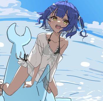 1girl :d absurdres amamiya_kokoro bikini bikini_under_clothes black_bikini blue_hair blue_sky blush breasts cloud cross-laced_bikini cross-laced_clothes dolphin_innertube earrings flower_earrings frilled_bikini frills hair_ornament hat highres holding holding_water_gun innertube jewelry looking_at_viewer medium_hair nijisanji ocean on_innertube oninome_tsuki open_mouth oversized_clothes oversized_shirt sandals see-through_clothes see-through_shirt shirt shirt_slip side-tie_bikini_bottom sky small_breasts smile solo straw_hat swim_ring swimsuit teeth upper_teeth_only virtual_youtuber water water_gun waves white_shirt x_hair_ornament yellow_eyes