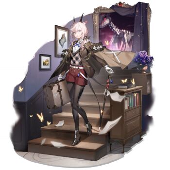 1girl animal_ears ankle_boots arknights belt black_pantyhose black_ribbon blue_eyes bolo_tie book boots briefcase brown_boots brown_coat brown_jacket bug butterfly cane closed_mouth coat coat_on_shoulders collared_shirt drawer drawing_(object) earthspirit_(arknights) earthspirit_(major_field)_(arknights) flower flying_paper full_body gloves goat_ears goat_girl goat_horns hair_between_eyes high_heels highres holding holding_cane holding_suitcase horns hug_(yourhug) indoors insect jacket jacket_on_shoulders long_hair long_sleeves looking_at_viewer low_ponytail neck_ribbon official_alternate_costume official_art open_clothes open_jacket painting_(object) pantyhose pantyhose_under_shorts paper photo_(object) picture_frame pink_hair plant ponytail portrait_(object) potted_plant purple_flower purple_rose red_shorts ribbon rose shirt shoes shorts solo stairs standing suitcase transparent_background vase vest white_belt white_gloves white_shirt yellow_butterfly
