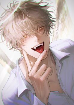 Rule 34 | 1boy, angel wings, blonde hair, collarbone, collared shirt, commentary, dang0 23, english commentary, fangs, fingernails, flying nimbus, hair between eyes, hair over eyes, highres, looking at viewer, male focus, original, piercing, portrait, shirt, solo, teeth, tongue, tongue out, tongue piercing, upper teeth only, white shirt, wings, yellow eyes