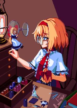 Rule 34 | absurdres, alice margatroid, blonde hair, blue dress, blue eyes, bow, brodall pixel, capelet, closed mouth, commentary, doll, dress, glasses, highres, hourai doll, long hair, long sleeves, looking at another, medium hair, pixel art, red bow, round eyewear, shanghai doll, short sleeves, sitting, smile, touhou, white capelet