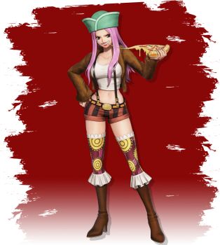 1girl 3d breasts coat curvy female_focus food full_body hand_on_own_hip hat highres jewelry_bonney large_breasts lipstick long_hair looking_at_viewer makeup midriff navel official_art one_piece one_piece:_pirate_warriors_4 piercing pink_hair pizza purple_eyes short_shorts shorts solo suspender_shorts suspenders thighhighs