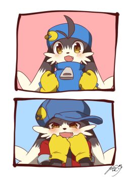 aka_muffler_yamato ambiguous_species black_fur blue_headwear blue_shirt blush fang fluffy furry furry_male gloves kaze_no_klonoa klonoa open_mouth pac-man red_shirt shirt surprised yellow_eyes yellow_gloves