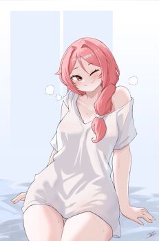 1girl arm_support blush breasts cleavage closed_mouth collarbone hair_over_shoulder long_hair looking_at_viewer medium_breasts miarin141 off_shoulder one_eye_closed pink_eyes pink_hair re:zero_kara_hajimeru_isekai_seikatsu shirt short_sleeves signature single_bare_shoulder sitting smile solo sweat thighs white_shirt yae_tenzen