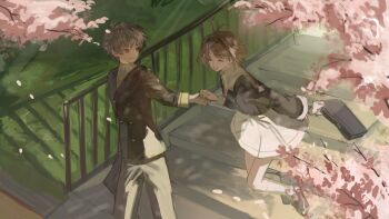 Rule 34 | 1boy, 1girl, black jacket, black shoes, brown eyes, brown hair, cardcaptor sakura, cherry blossoms, closed eyes, grey pants, grin, highres, holding, holding hands, holding suitcase, jacket, kinomoto sakura, li syaoran, o suna, open mouth, pants, shoes, short hair, skirt, smile, suitcase, teeth, walking, white skirt