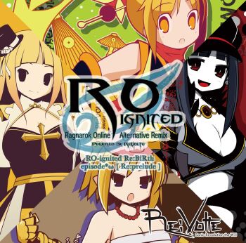 4girls :d :o album_cover arch_bishop_(ragnarok_online) bead_necklace beads black_dress black_eyes black_hair black_hat blonde_hair blue_eyes blunt_bangs breasts bridal_gauntlets butternuts303 cleavage cleavage_cutout clothing_cutout colored_skin comiket_107 commentary_request cover dated_commentary dress english_text hat highres jewelry karakasa_(ragnarok_online) karakasa_obake large_breasts long_hair looking_at_viewer medium_breasts mini_hat mini_top_hat multiple_girls necklace ninja_(ragnarok_online) no_sclera open_mouth orange_eyes pointy_ears ragnarok_online re:volte red_scarf scarf second-party_source short_hair smile sura_(ragnarok_online) top_hat umbrella upper_body warlock_(ragnarok_online) white_dress white_skin