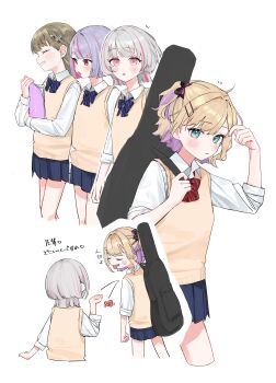 4girls absurdres adjusting_hair asumi_sena black_bow blonde_hair blowing_kiss blush book bow bowtie closed_eyes collared_shirt colored_inner_hair green_eyes green_hair grey_hair grin guitar_case hair_bow hair_ornament hanabusa_lisa hanada_ten highres holding holding_book instrument_case kurumi_noah long_sleeves miniskirt multicolored_hair multiple_girls notice_lines pink_eyes pink_hair pleated_skirt purple_eyes purple_hair shirt short_hair skirt sleeves_rolled_up smile sweater_vest tongue tongue_out tosaki_mimi two-tone_hair two_side_up virtual_youtuber vspo! wolf_cut