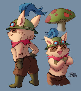 1boy ^_^ absurdres artist_name belly blue_background boots brown_pants closed_eyes closed_mouth commentary crossed_arms english_commentary fang fang_out from_behind furry furry_male gloves goggles goggles_on_headwear green_footwear green_gloves green_hat hand_on_own_hip hat highres league_of_legends male_focus multiple_views mushroom navel nipples open_mouth pants polarissketches profile smile teemo topless_male yordle