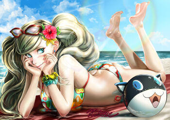 1girl absurdres aqua_scrunchie artist_name ass bare_arms bare_legs barefoot beach bikini blonde_hair blue_eyes blue_sky blush breasts butt_crack closed_mouth cloud commentary day dimples_of_venus english_commentary eyewear_on_head feet feet_up floral_print floral_print_bikini flower hair_flower hair_ornament halterneck hands_on_own_face head_rest hibiscus highres kanaex001 large_breasts legs long_hair looking_at_viewer lying mixed-language_commentary morgana_(persona_5) ocean on_stomach outdoors persona persona_5 print_bikini red-framed_eyewear red_flower scrunchie side-tie_bikini_bottom sky smile soles solo string_bikini summer sunlight swept_bangs swimsuit takamaki_anne the_pose toes twintails wrist_scrunchie yellow_scrunchie