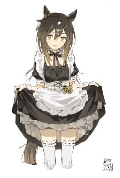 1girl 2girls alternate_costume animal_ears apron black_dress black_hair blush brown_hair chibi chibi_inset clothes_lift cocontoozai copyright_request cropped_legs dress dress_lift enmaided frills hair_between_eyes highres horse_ears horse_girl horse_tail long_hair looking_at_viewer maid multicolored_hair multiple_girls open_mouth puffy_short_sleeves puffy_sleeves short_sleeves simple_background skirt_hold smile solo solo_focus tail thighhighs white_background white_thighhighs wrist_cuffs yellow_eyes