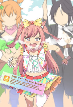 3girls absurdres agnes_digital_(full-color_fangirling)_(umamusume) agnes_digital_(umamusume) animal_ears behind_another black_hair black_jacket black_necktie black_pants blurry blurry_background blush bouncing_breasts bow breasts breath center_opening commentary drooling english_commentary english_text excited faceless faceless_female frills fuji_kiseki_(shooting_star_revue)_(umamusume) fuji_kiseki_(umamusume) gameplay_mechanics grey_eyes hair_bow hair_ornament heart heart-shaped_pupils height_difference highres horse_ears jacket large_breasts long_hair long_sleeves medium_breasts midriff mouth_drool multicolored_hair multiple_girls naisu_(nai_su01) navel necktie open_clothes open_jacket open_mouth orange_hair pants pink_hair pink_pupils racing raised_inner_eyebrows running scrunchie shirt short_hair single_thighhigh skirt smile stomach straight-on strapless sweat symbol-shaped_pupils taiki_shuttle_(umamusume) taiki_shuttle_(wild_frontier)_(umamusume) thighhighs tube_top twintails two-tone_hair umamusume user_interface very_long_hair vest white_hair white_shirt wrist_scrunchie yellow_bow zettai_ryouiki