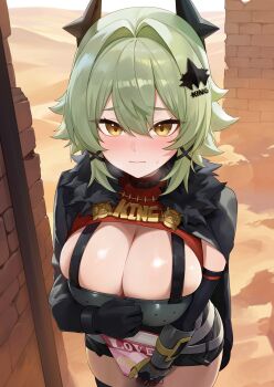 1girl absurdres black_gloves blush book breasts caesar_king_(zenless_zone_zero) cleavage closed_mouth commentary_request fur_collar gloves green_hair hair_ornament highres holding holding_book large_breasts looking_at_viewer partial_commentary short_hair solo thighs weimiaw yellow_eyes zenless_zone_zero