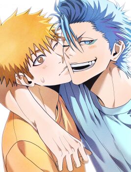 Rule 34 | 2boys, absurdres, bleach, blue eyes, blue hair, blue shirt, blush, blush stickers, closed mouth, fang, grimmjow jaegerjaquez, hashtag-only commentary, highres, kurosaki ichigo, male focus, multiple boys, n (nauki 11), one eye closed, open mouth, orange eyes, orange hair, orange shirt, shirt, simple background, teeth, upper body, white background, yaoi