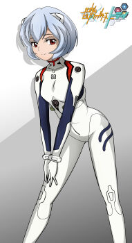 1girl alternate_eye_color ayanami_rei ayanami_rei_(cosplay) bodysuit breasts breasts_squeezed_together closed_mouth clothes_writing commentary copyright_name cosplay drop_shadow english_commentary feet_out_of_frame gloves grey_background gundam gundam_build_fighters gundam_build_fighters_try hand_on_own_thigh highres interface_headset_(evangelion) kijima_shia light_smile looking_at_viewer looking_to_the_side mecha_pilot_suit neon_genesis_evangelion own_hands_together plugsuit_(evangelion) short_hair small_breasts smile solo spread_legs standing techan v_arms white_background white_bodysuit white_gloves