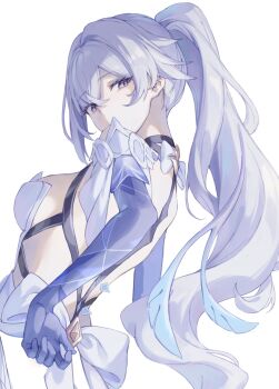 Rule 34 | 1girl, alternate eye color, alternate hairstyle, backless dress, backless outfit, blue hair, commentary request, dress, genshin impact, hair between eyes, haru same322, high ponytail, highres, long hair, looking at viewer, multicolored hair, ponytail, simple background, skirk (genshin impact), solo, upper body, white background, white dress, white hair