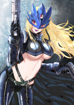 1girl :d absurdres beelstarmon belt black_belt black_coat black_gloves black_pants black_vest blonde_hair blue_mask breasts coat commentary cowboy_shot cropped_vest digimon digimon_(creature) eye_mask floating_hair gloves groin gun highres holding holding_gun holding_weapon large_breasts leather leather_pants lipstick long_hair looking_at_viewer makeup mask multiple-barrel_gun navel open_clothes open_coat open_mouth pants purple_eyes purple_lips redmilk_44 sidelocks simple_background smile solo standing stomach third_eye tight_clothes tight_pants underboob vest weapon zipper