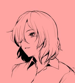 1girl collared_shirt commentary_request hair_between_eyes kazami_yuuka looking_afar monochrome open_mouth pink_theme sadahiro_(chicken_nugget_gyuuniku_aji) shirt short_hair simple_background smile solo touhou upper_body