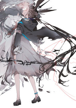 1girl absurdres amiya_(arknights) animal_ears arknights black_jacket black_shoes brown_hair closed_eyes dress from_behind grey_hair hair_between_eyes highres infection_monitor_(arknights) jacket laowei long_hair rabbit_ears rabbit_girl shirt shoes solo standing theresa_(arknights) white_background white_dress white_shirt